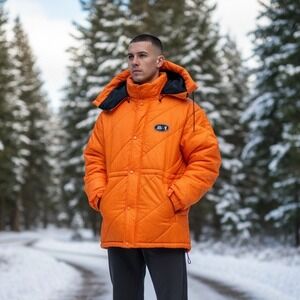 Vintage MATCH 1 Orange Quilted Puffer Parka Hooded Jacket Mens Size L NEW